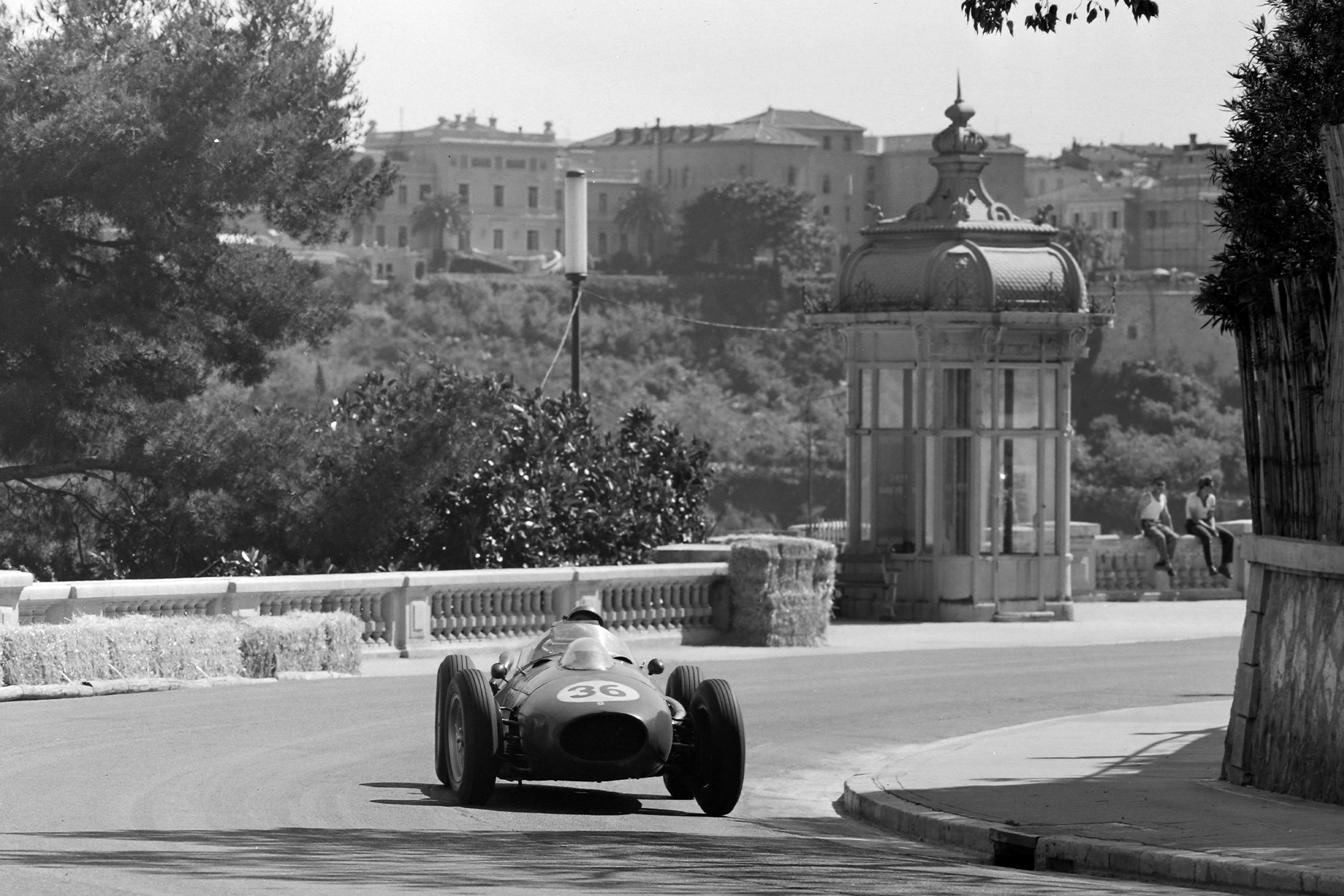 Peter Collins in his Ferrari Dino 246 during the 1958 Monaco Grand Prix.