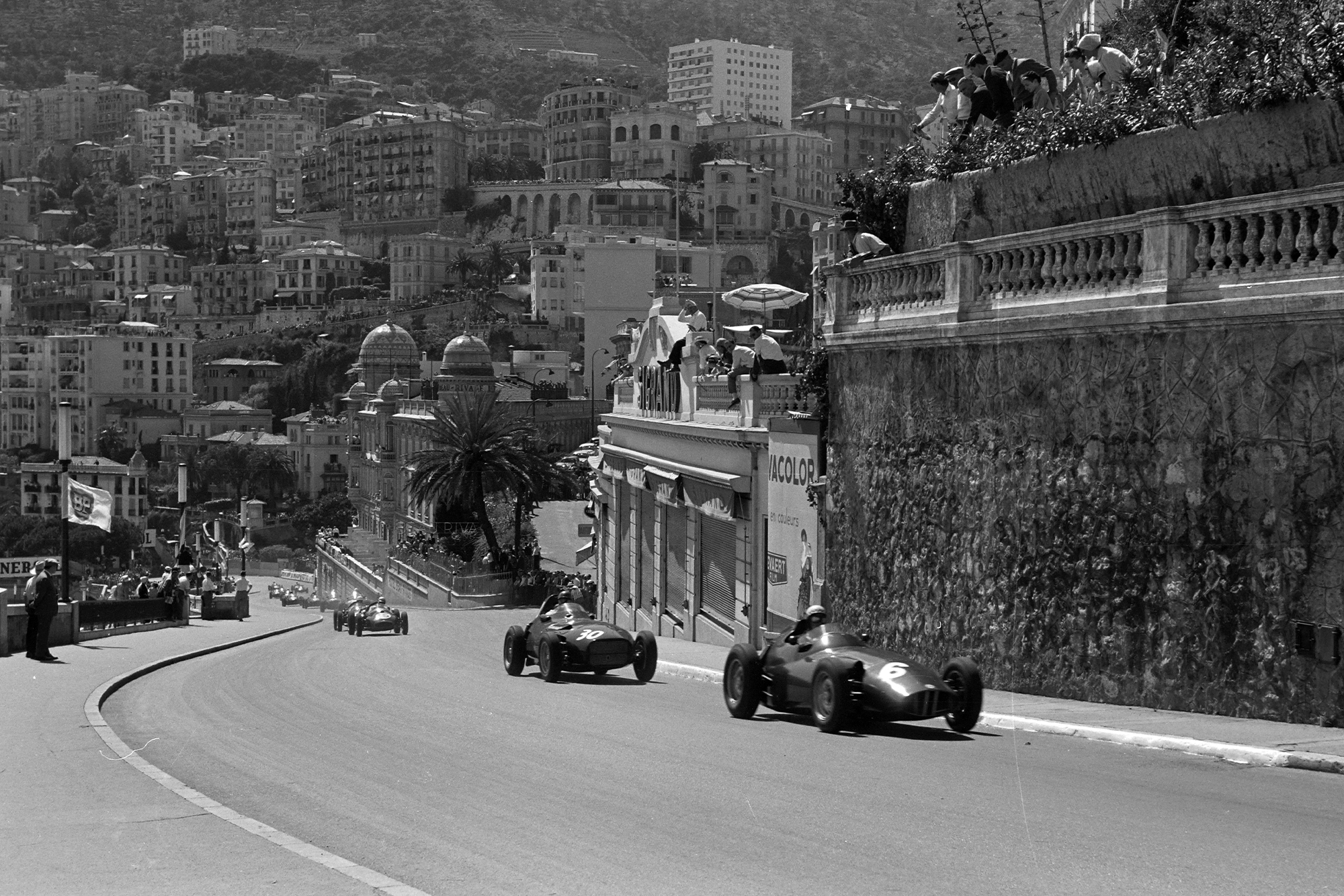 Jean Behra, BRM P25, leads Tony Brooks, Vanwall, as Jack Brabham, Cooper T45 Climax, heads the chasing pack, 1958 Monaco GP.