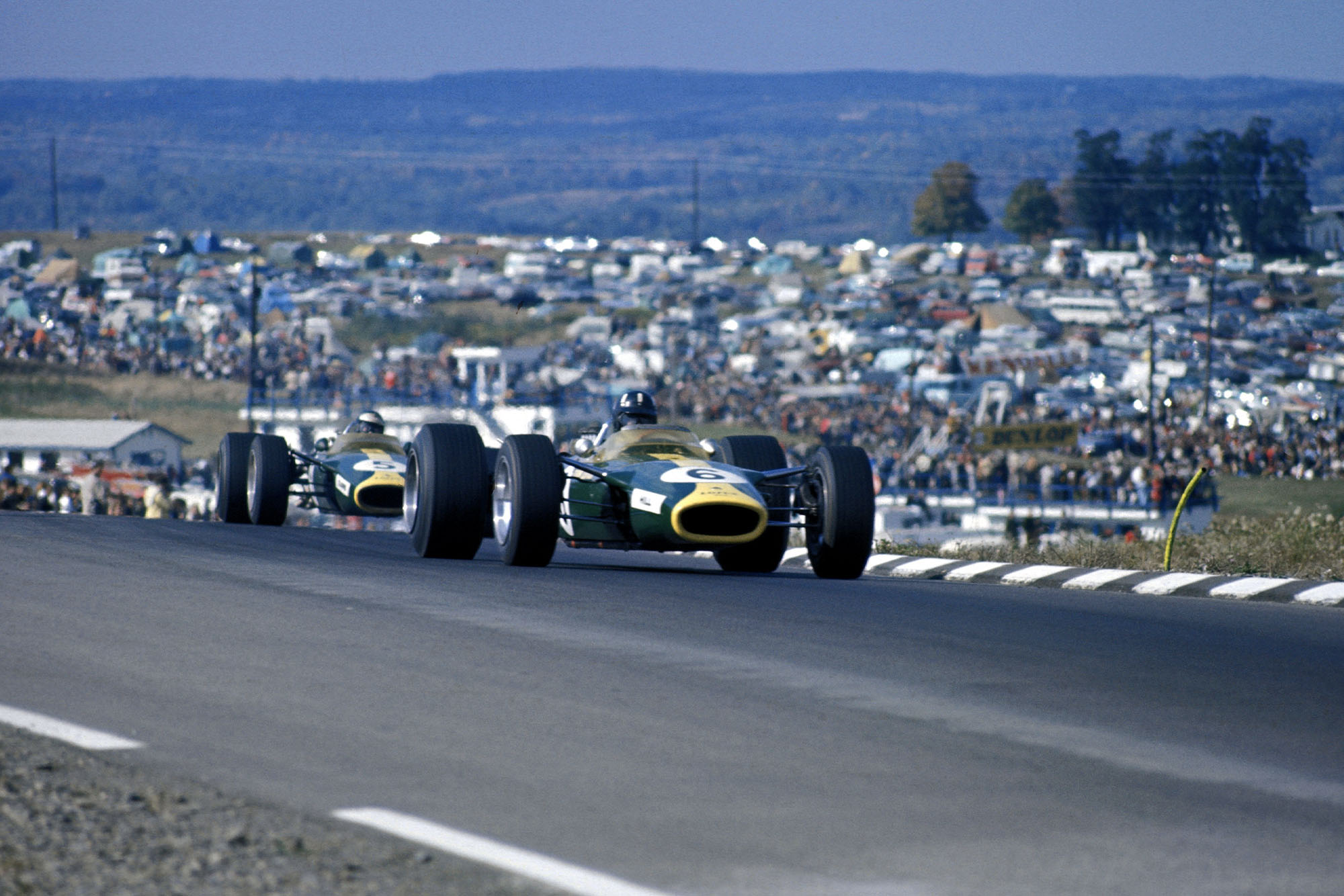 Graham Hill (GBR) Lotus Ford 49, leads team mate Jim Clark (GBR). Formula One World Championship, Rd10, United States Grand Prix, Watkins Glen, USA. 1 October 1967.