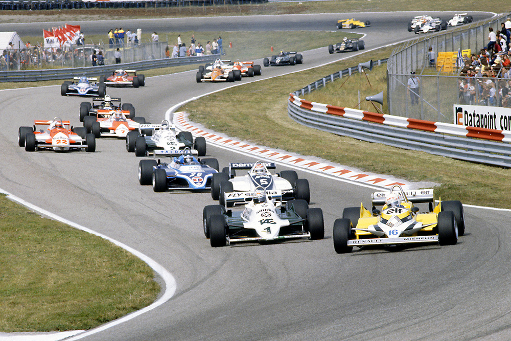 Rene Arnoux (Renault RE30) leads Alan Jones (Williams FW07C-Ford Cosworth), Nelson Piquet (Brabham BT49C-Ford Cosworth), Jacques Laffite (Ligier JS17-Matra), Carlos Reutemann (Williams FW07C-Ford Cosworth), Mario Andretti (Alfa Romeo 179C), John Watson (McLaren MP4/1-Ford Cosworth), Elio de Angelis (Lotus 87-Ford Cosworth), Patrick Tambay (Ligier JS17-Matra), Didier Pironi (Ferrari 126CK), Riccardo Patrese (Arrows A3-Ford Cosworth), Bruno Giacomelli (Alfa Romeo 179C), Hector Rebaque (Brabham BT49C-Ford Cosworth), Derek Daly (March 811-Ford Cosworth) and Nigel Mansell (Lotus 87-Ford Cosworth).