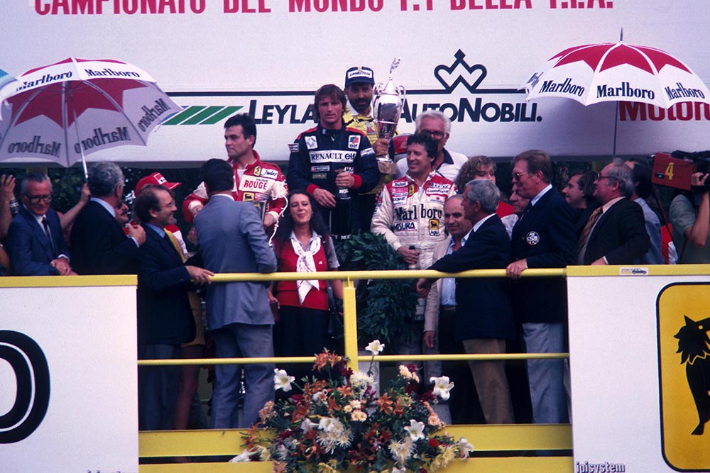 Winner Rene Arnoux with 2nd placed Patrick Tambay and 3rd Mario Andretti.
