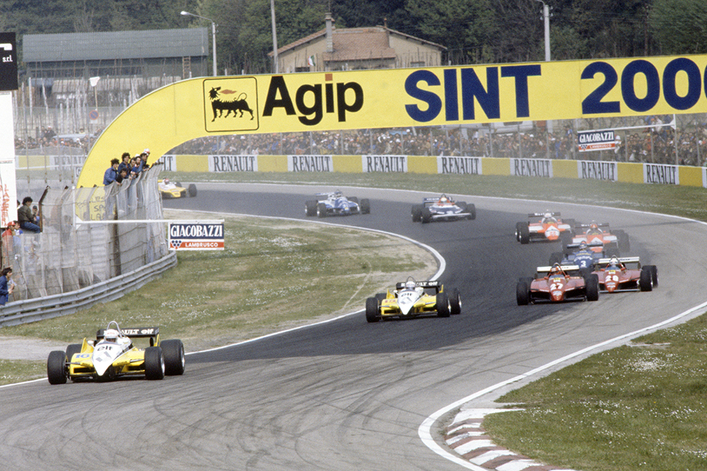 Rene Arnoux leads Alain Prost (both Renault RE30B), Gilles Villeneuve, Didier Pironi (both Ferrari 126C2), Michele Alboreto (Tyrrell 011-Ford Cosworth), Bruno Giacomelli, Andrea de Cesaris (both Alfa Romeo 182), Teo Fabi (Toleman TG181C-Hart), Jean-Pierre Jarier (Osella FA1C-Ford Cosworth) and Eliseo Salazar (ATS D5-Ford Cosworth).