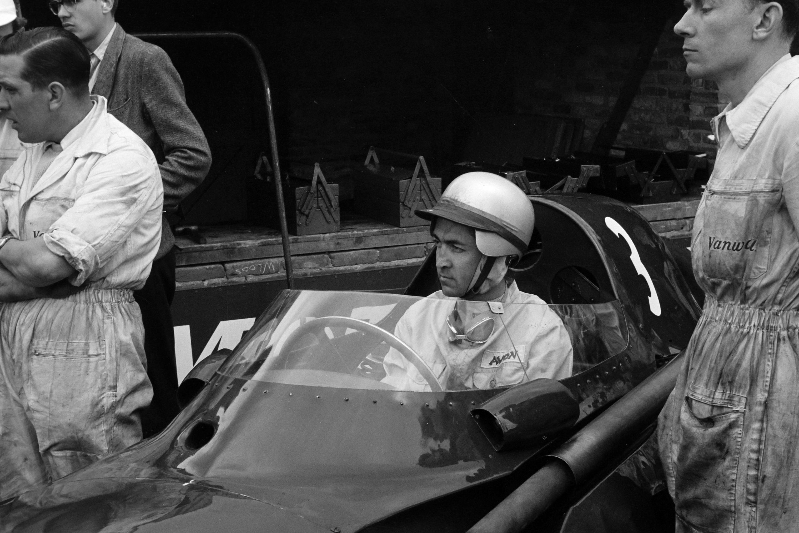 Stuart Lewis-Evans waiting in his Vanwall