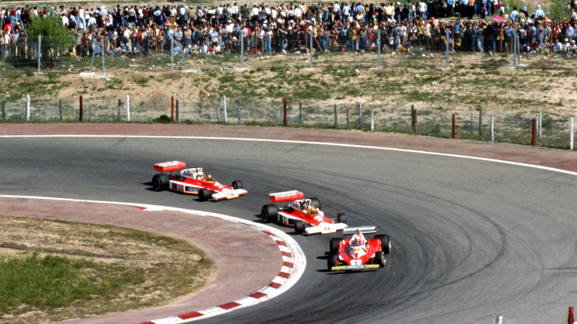 Niki Lauda leads James Hunt and Jochen Mass at the 1976 Spanish Grand Prix