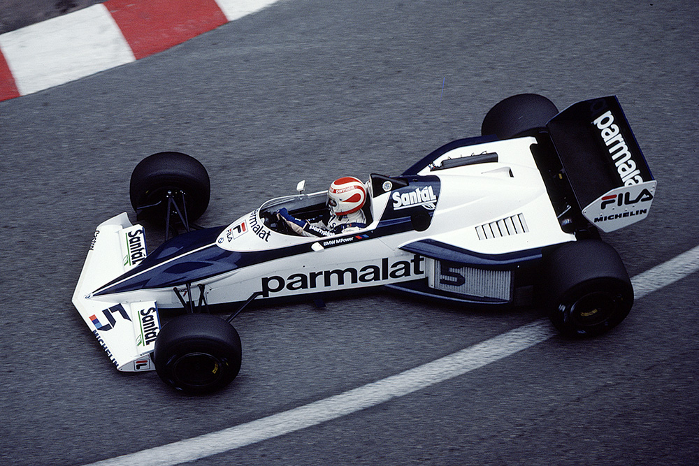 Nelson Piquet cornering in his Brabham BT52 BMW.