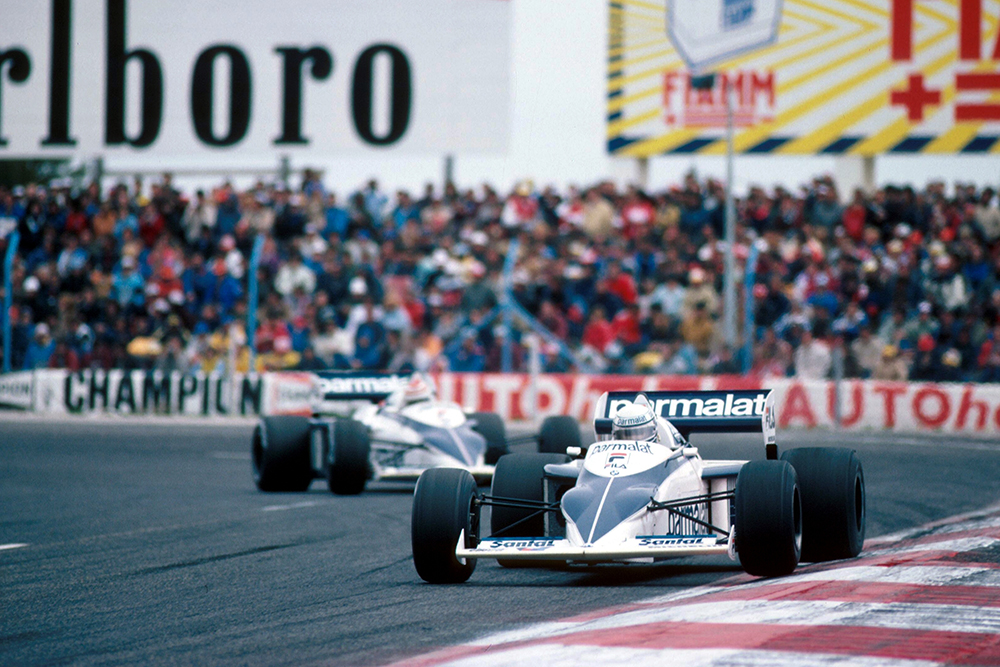 Riccardo Patrese leads his Brabham team mate Nelson Piquet.