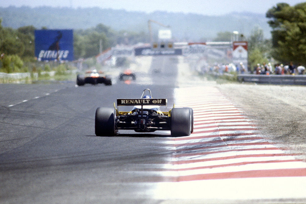 Alain Prost, Renault RE30B, in 2nd position, on Le Mistral straight.