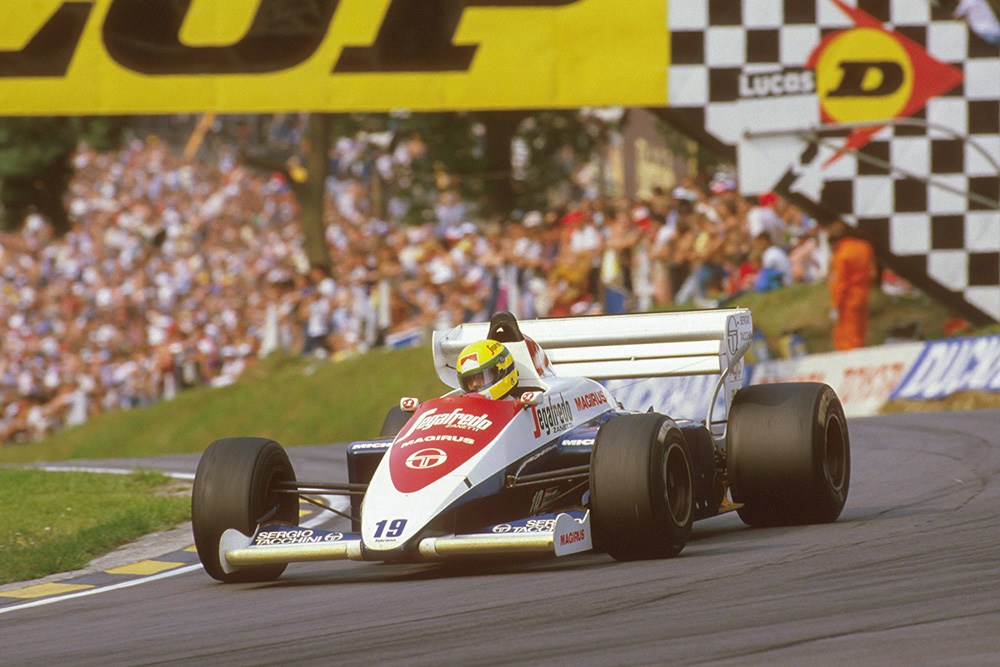 Ayrton Senna in his Toleman TG184 Hart at Druids.