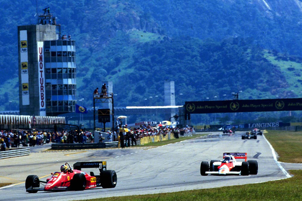 Ferrari's Michele Alboreto leads eventual winner Alain Prost.