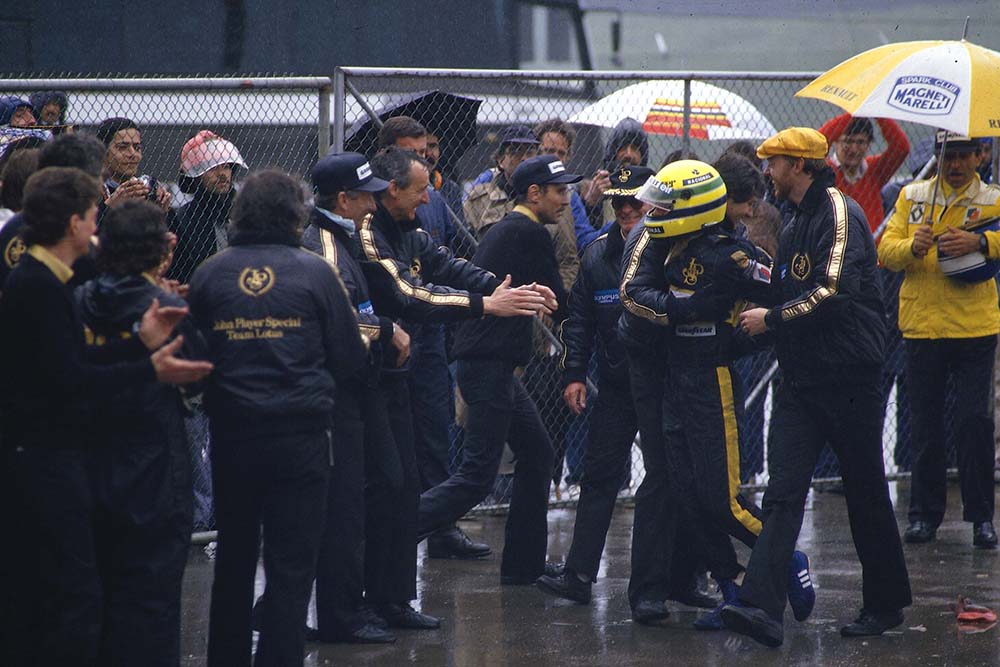 Ayrton Senna celebrates his maiden F1 win.