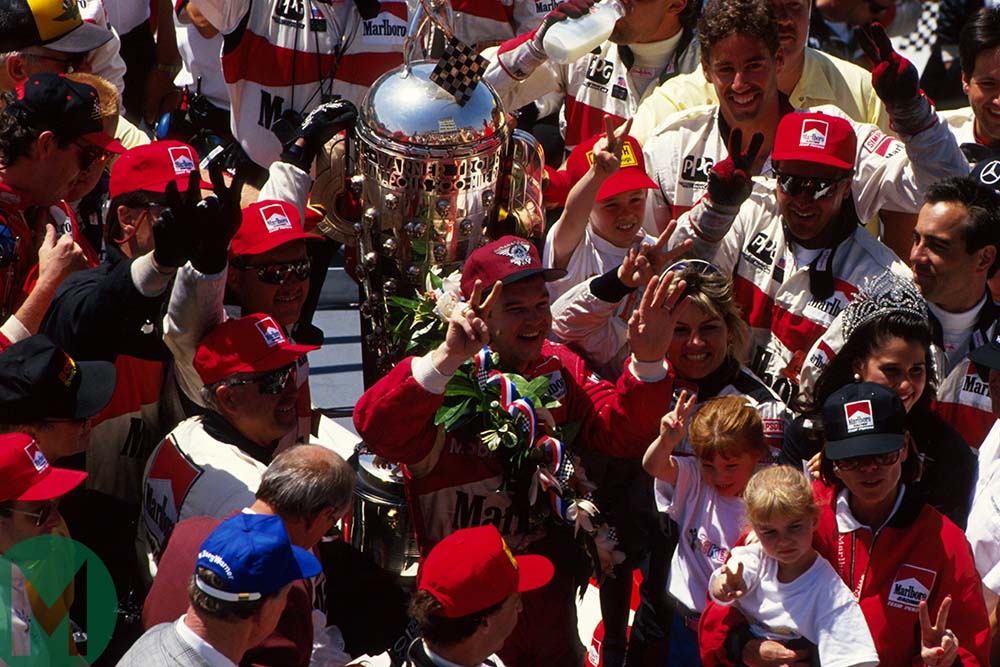 Al Unser celebrates winning the 1994 Indy 500 at Indianapolis Motor Speedway for Penske