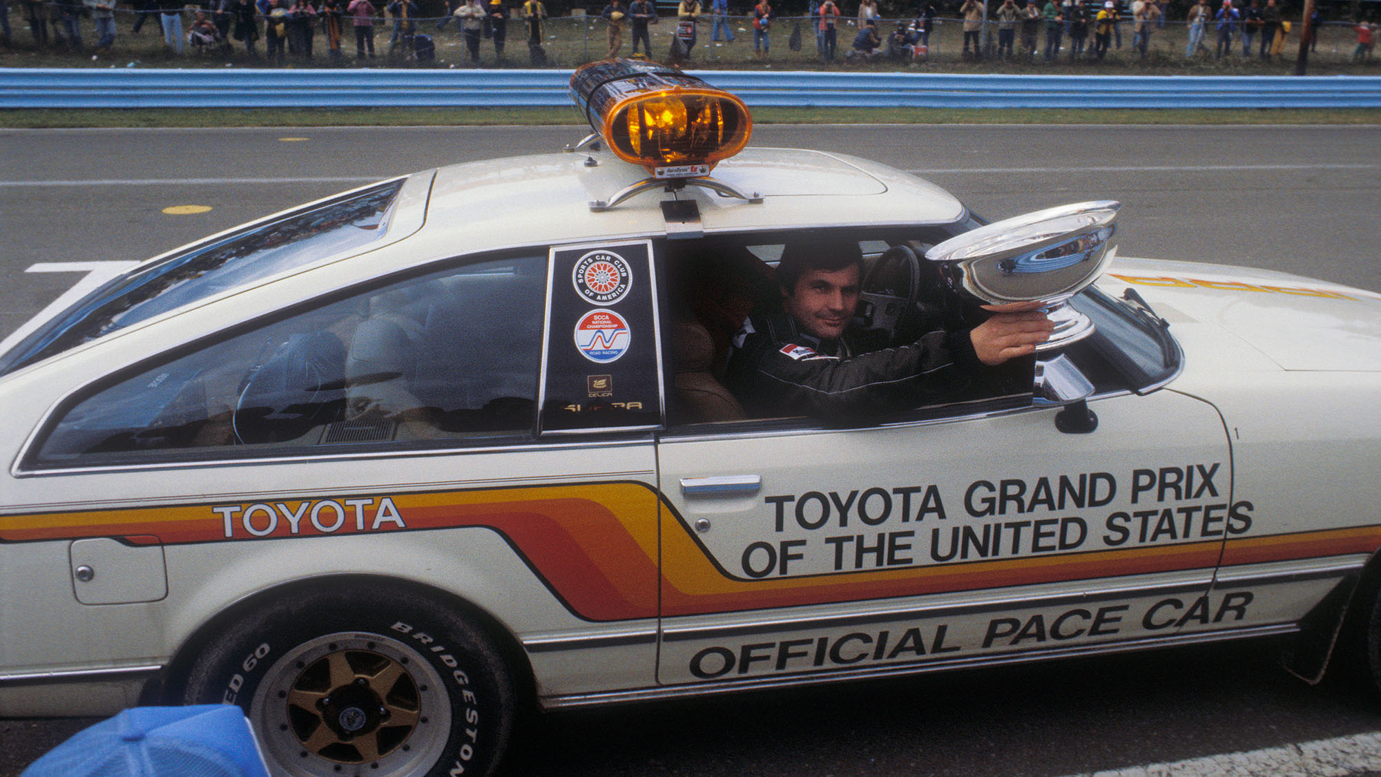Williams-Ford driver Alan Jones after winning the 1980 United States Grand Prix East at Watkins Glen. Photo: Grand Prix Photo