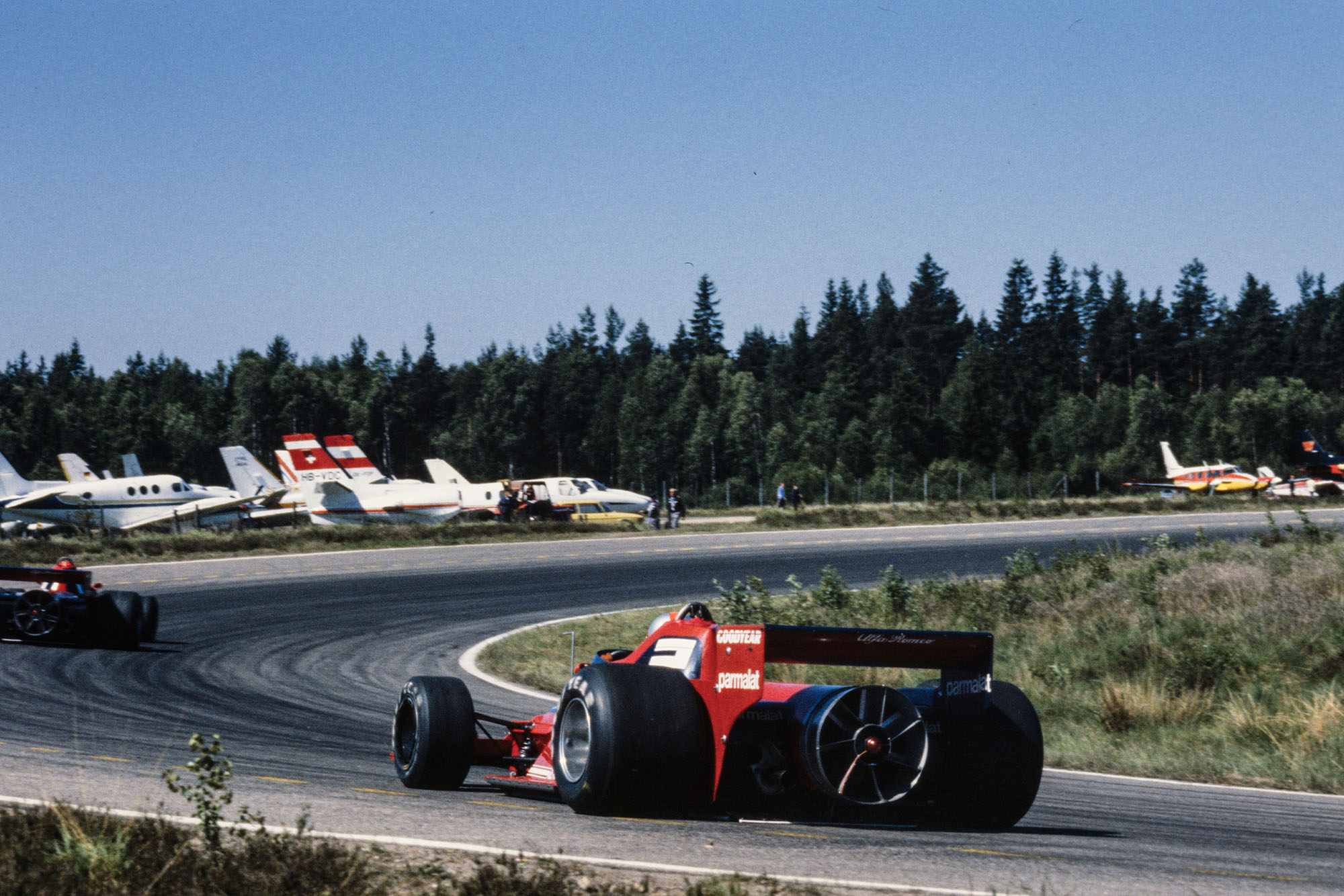 Niki Lauda leads Brabham team-mate at the 1978 Swedish Grand Prix, AnderstorpJohn Watson