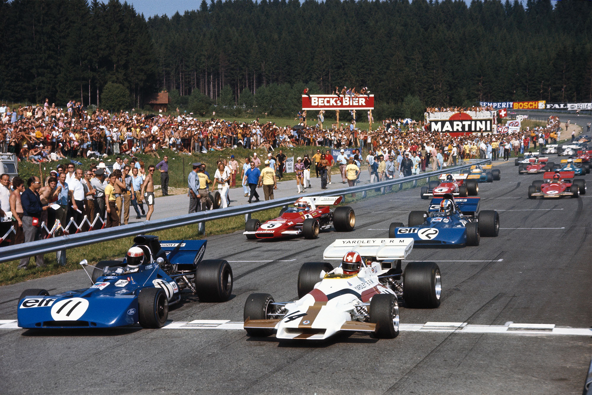 The cars pull away at the start of the 1971 Austrian Grand Prix.
