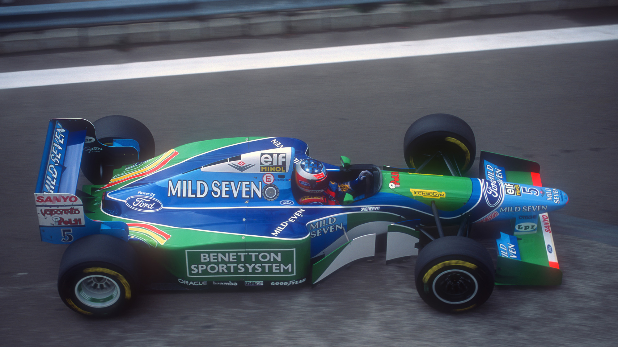 Michael Schumacher in his Benetton Ford at the 1994 Belgian Grand Prix at Spa Francorchamps