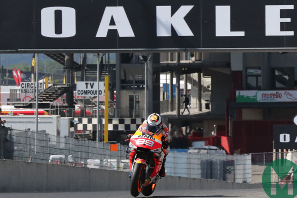 Jorge Lorenzo airborne at the Italian MotoGP Grand Prix at Mugello in 2019