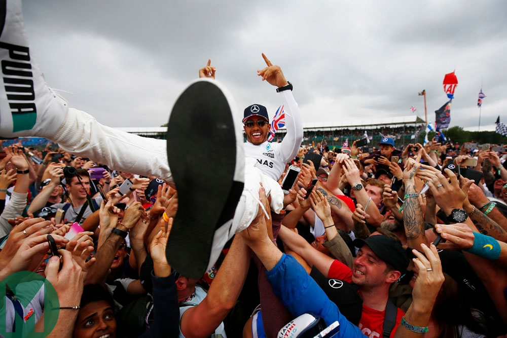 Lewis Hamilton crowd surfing at the 2017 British Grand Prix
