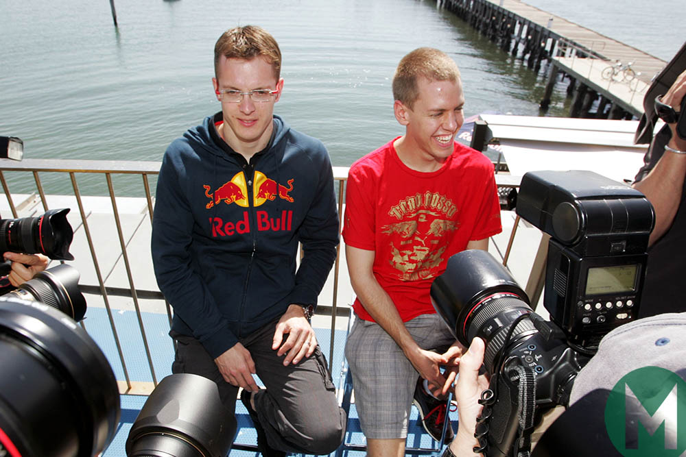 Toro Rosso drivers Sebastien Bourdais and Sebastian Vettel ahead of the 2008 Australian Grand Prix