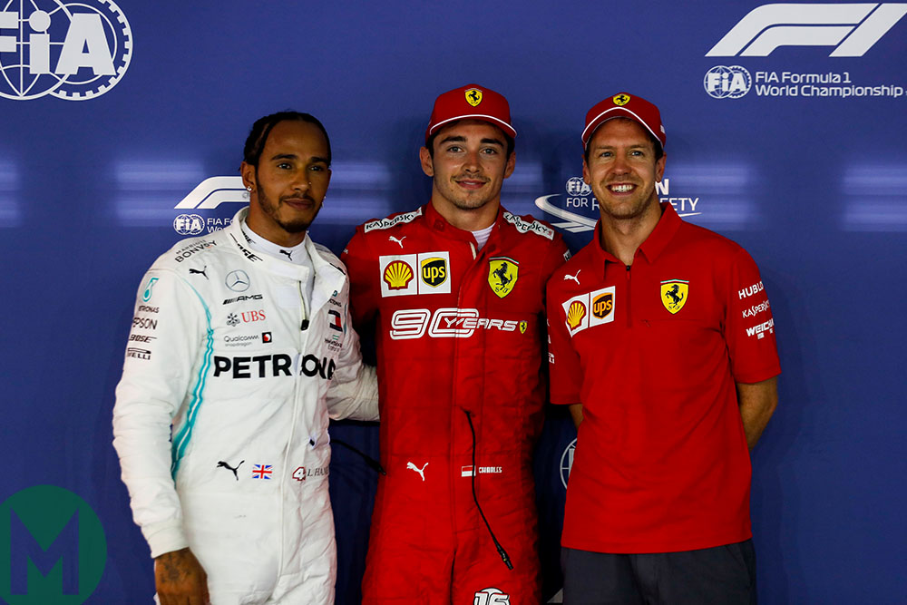 Charles Leclerc, Lewis Hamilton and Sebastian Vettel, the three top qualifiers for the 2019 Singapore Grand Prix
