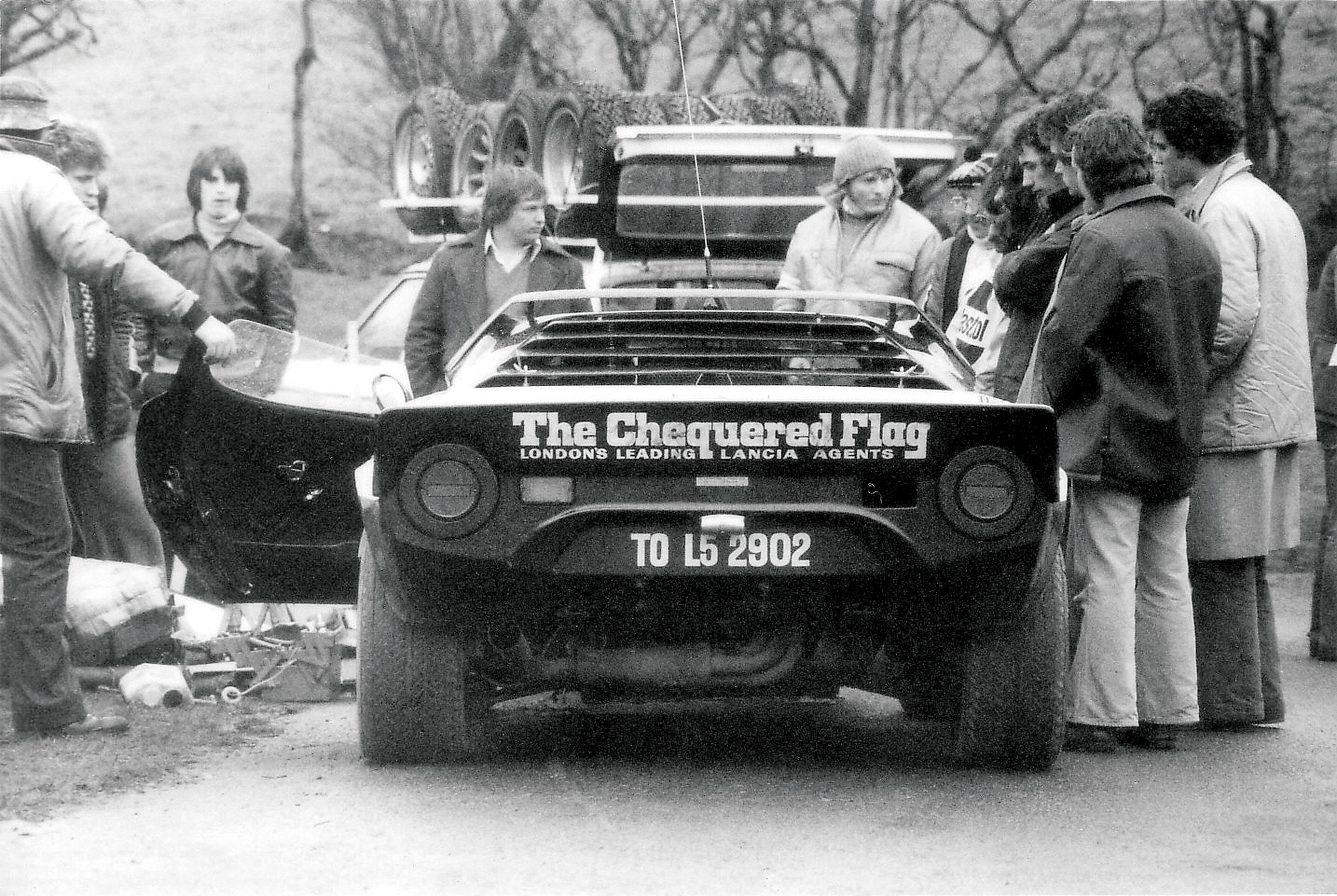 Rear view of Chequered Flag Stratos on Forest of the Dean Rally