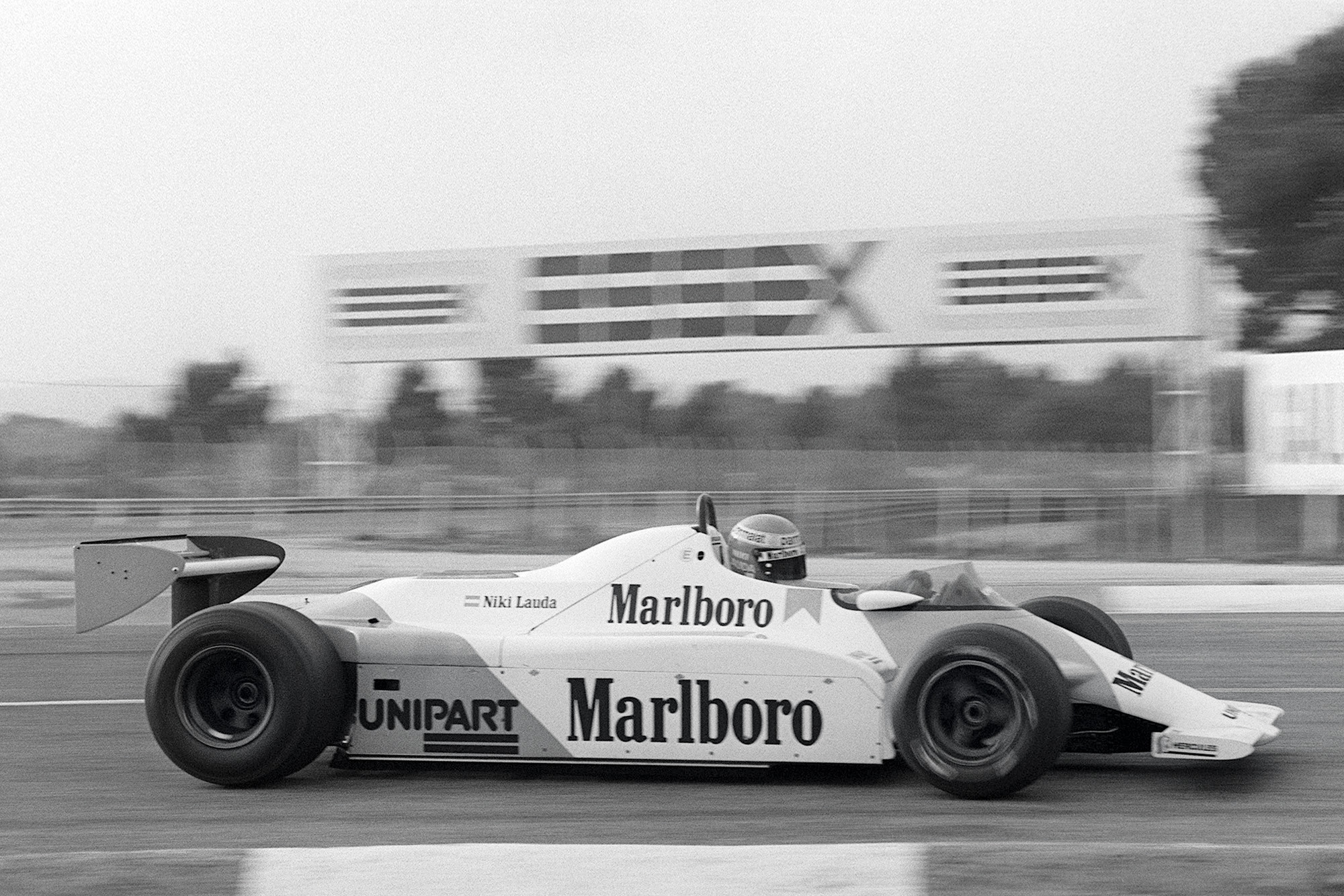 Niki Lauda practices at the wheel of his McLaren on the Le Castellet racing circuit 20 November 1981