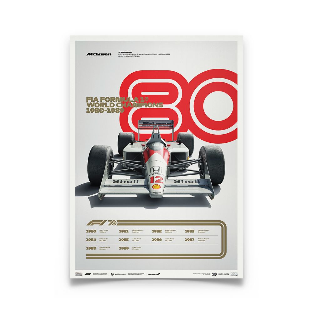 Product image for Formula 1® Decades | Ayrton Senna – McLaren MP4/4 – 1980s | Automobilist | Collector’s Edition poster
