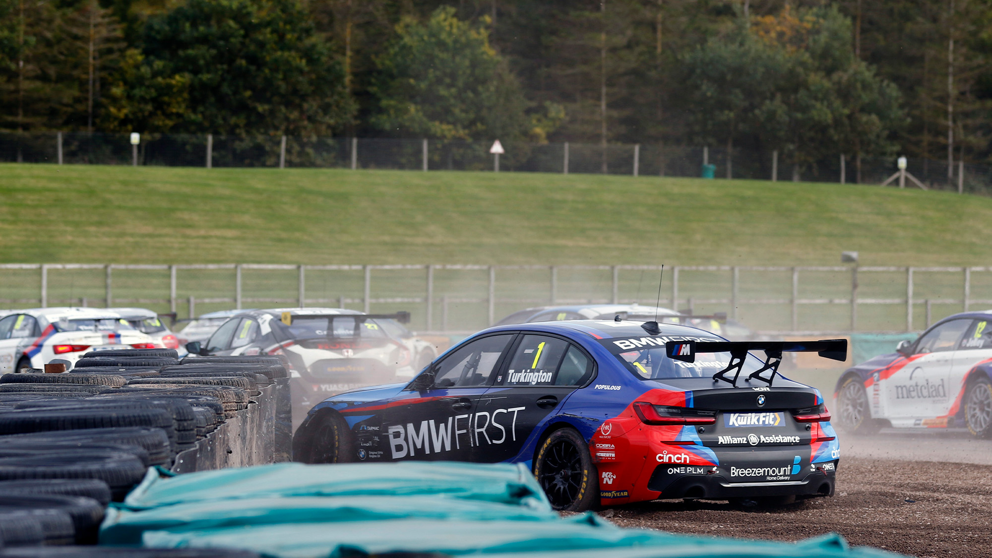 Colin Turkington's BTCC in the barrier after crashing out of a 2020 BTCC Croft round