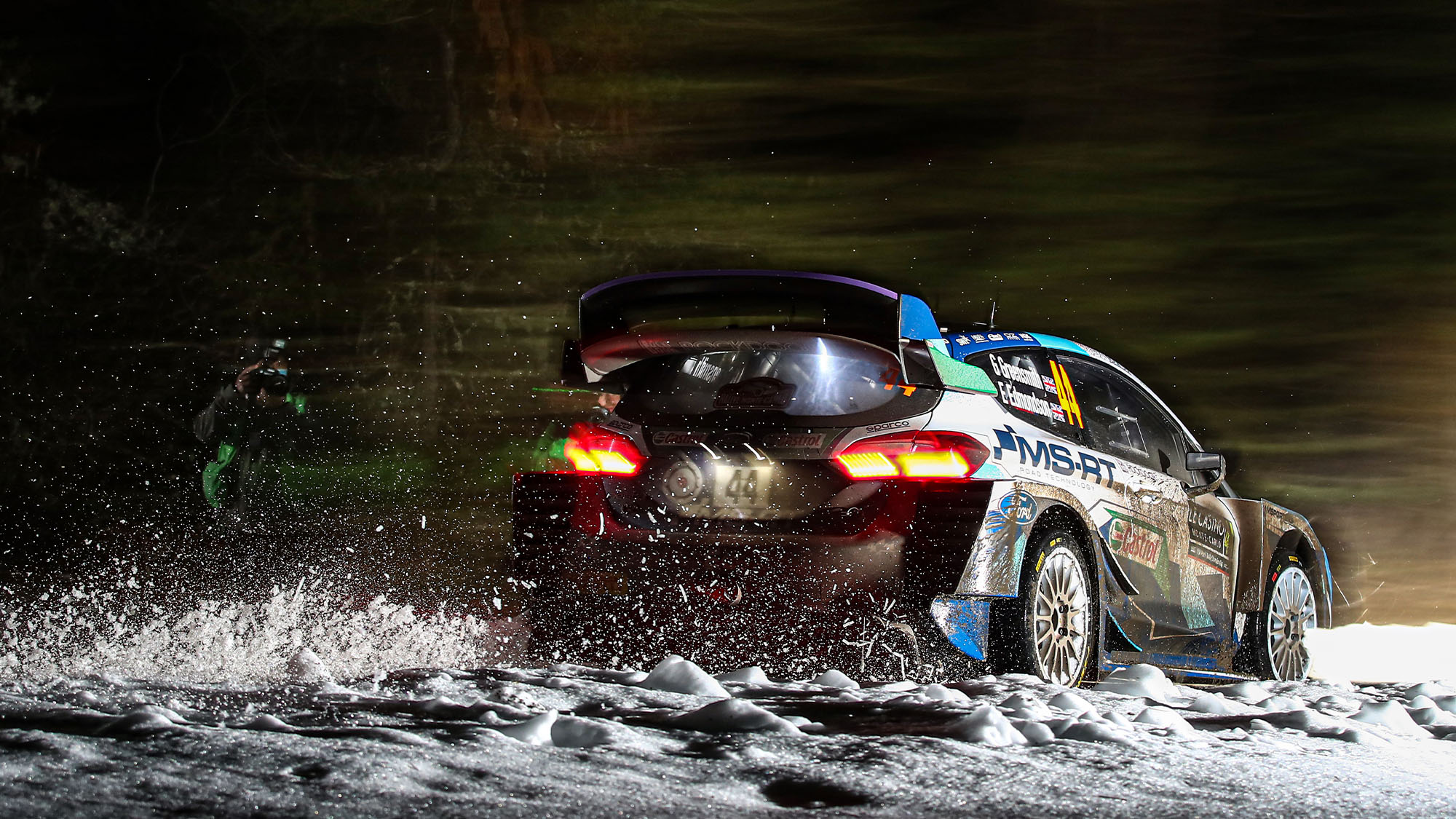 GAP, FRANCE - JANUARY 22: Gus Greensmith of Great Britain and Elliott Edmondson of Great Britain compete with their M-SPORT FORD WRT Ford Fiesta WRC during the FIA World Rally Championship Monte Carlo on January 22, 2021 in Gap, France. (Photo by Massimo Bettiol/Getty Images)