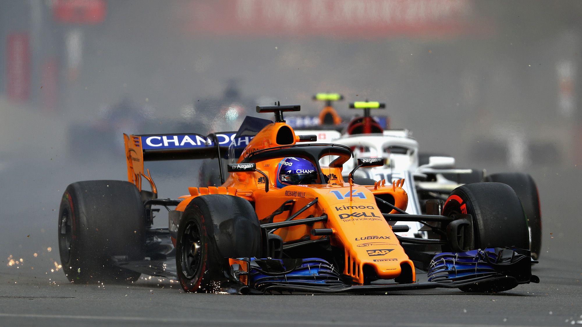 Fernando Alonso drives his punctured McLaren in the 2018 Azerbaijan Grand Prix in Baku