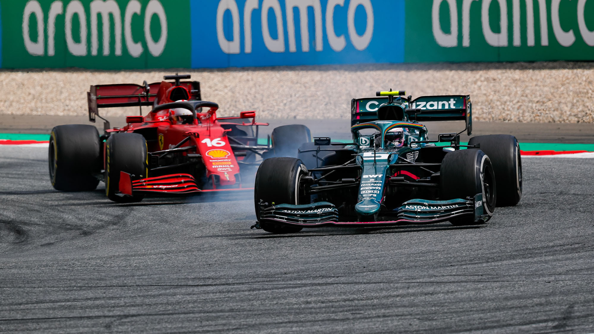 05 VETTEL Sebastian (ger), Aston Martin F1 AMR21, 16 LECLERC Charles (mco), Scuderia Ferrari SF21, action during the Formula 1 Grosser Preis Der Steiermark 2021, 2021 Styrian Grand Prix, 8th round of the 2021 FIA Formula One World Championship from June 25 to 27, 2021 on the Red Bull Ring, in Spielberg, Austria - Photo Florent Gooden / DPPI Reference: 00121016_192