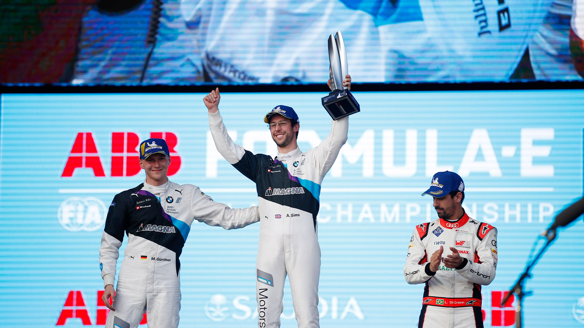 Alexander Sims on the podium after the 2019 Diriyah ePrix